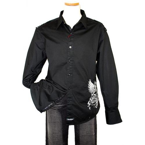 English Laundry Black with Silver Grey Embroidered Dragon Design Long Sleeves Cotton Blend Shirt ELW1014